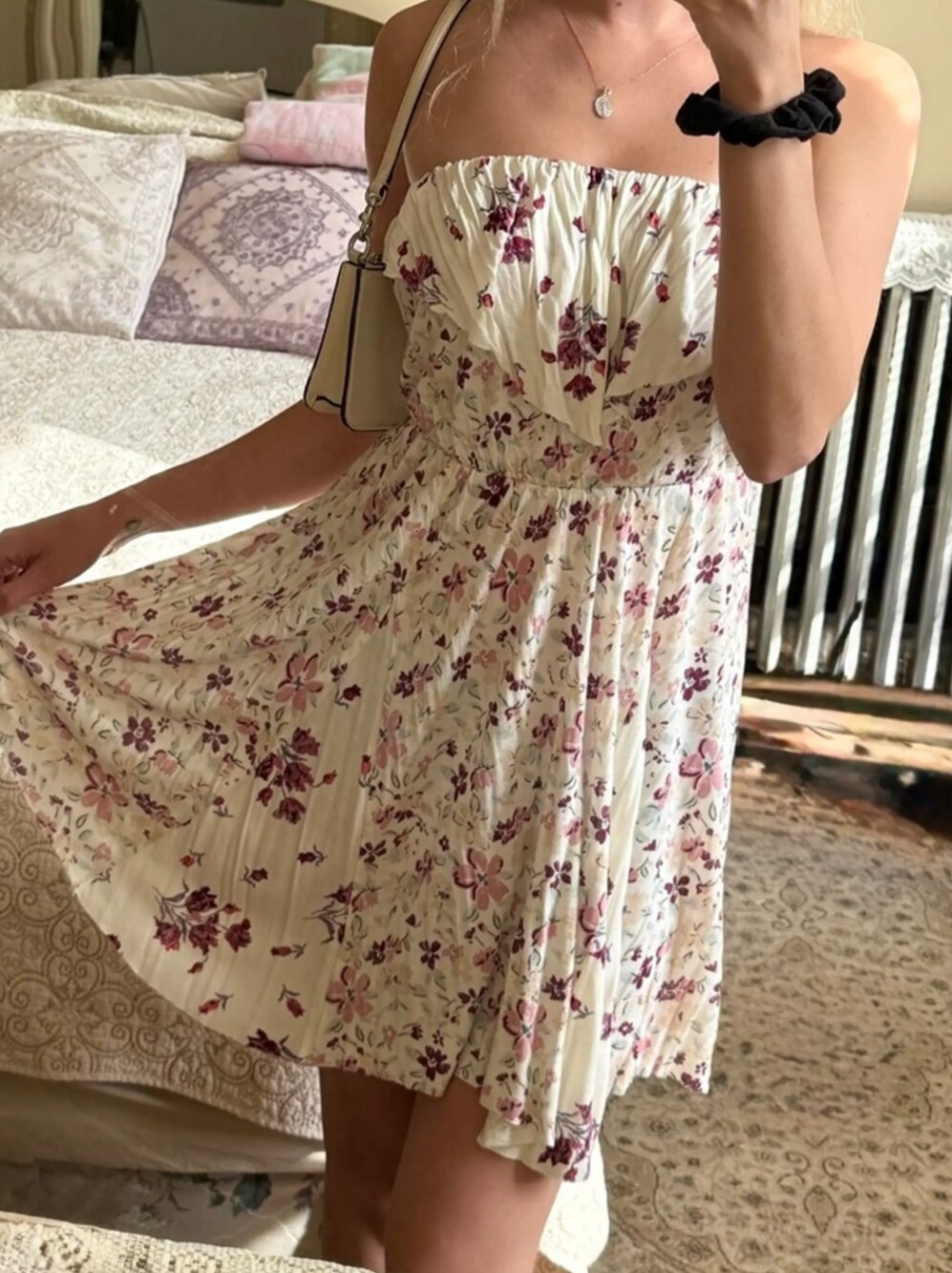 Kimchi Blue Cream Strapless Floral Mini Dress with Pink Accents